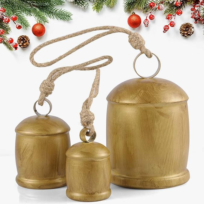3 Pcs Harmony Cow Bells Vintage Christmas Gold Bells, Decorative Large Rustic Hanging Bell Orname... | Amazon (US)