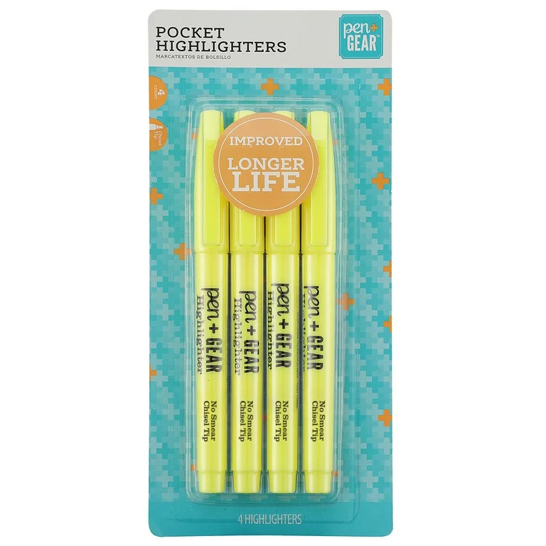 Pen+Gear Pocket Highlighters, Yellow, 4 Count | Walmart (US)
