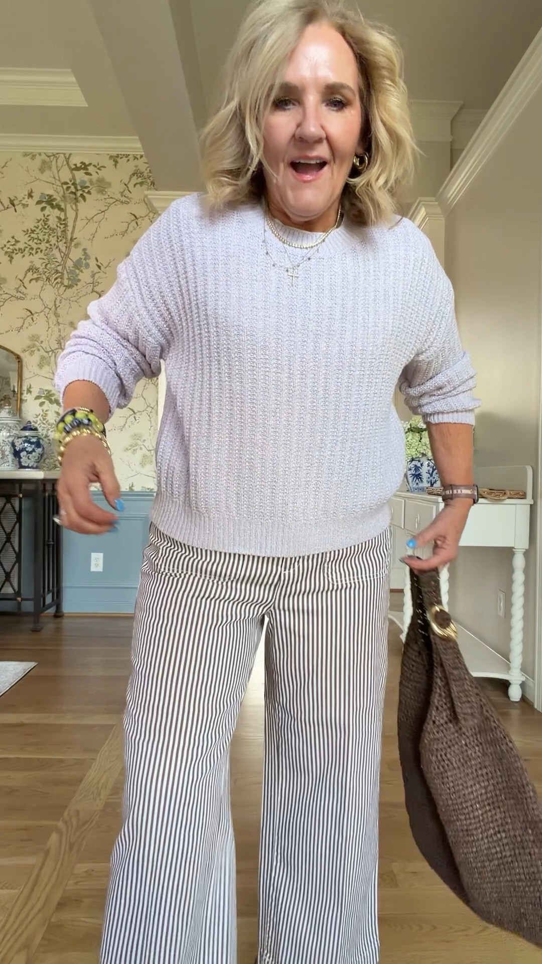 Lilac sweater size medium 
Brown stripe pants 29 petite 8 petite 
Cross and tennis necklace 20% off with code TAKE20
20% off my bracelets NANETTE20

#LTKOver40 #LTKSaleAlert #LTKWorkwear