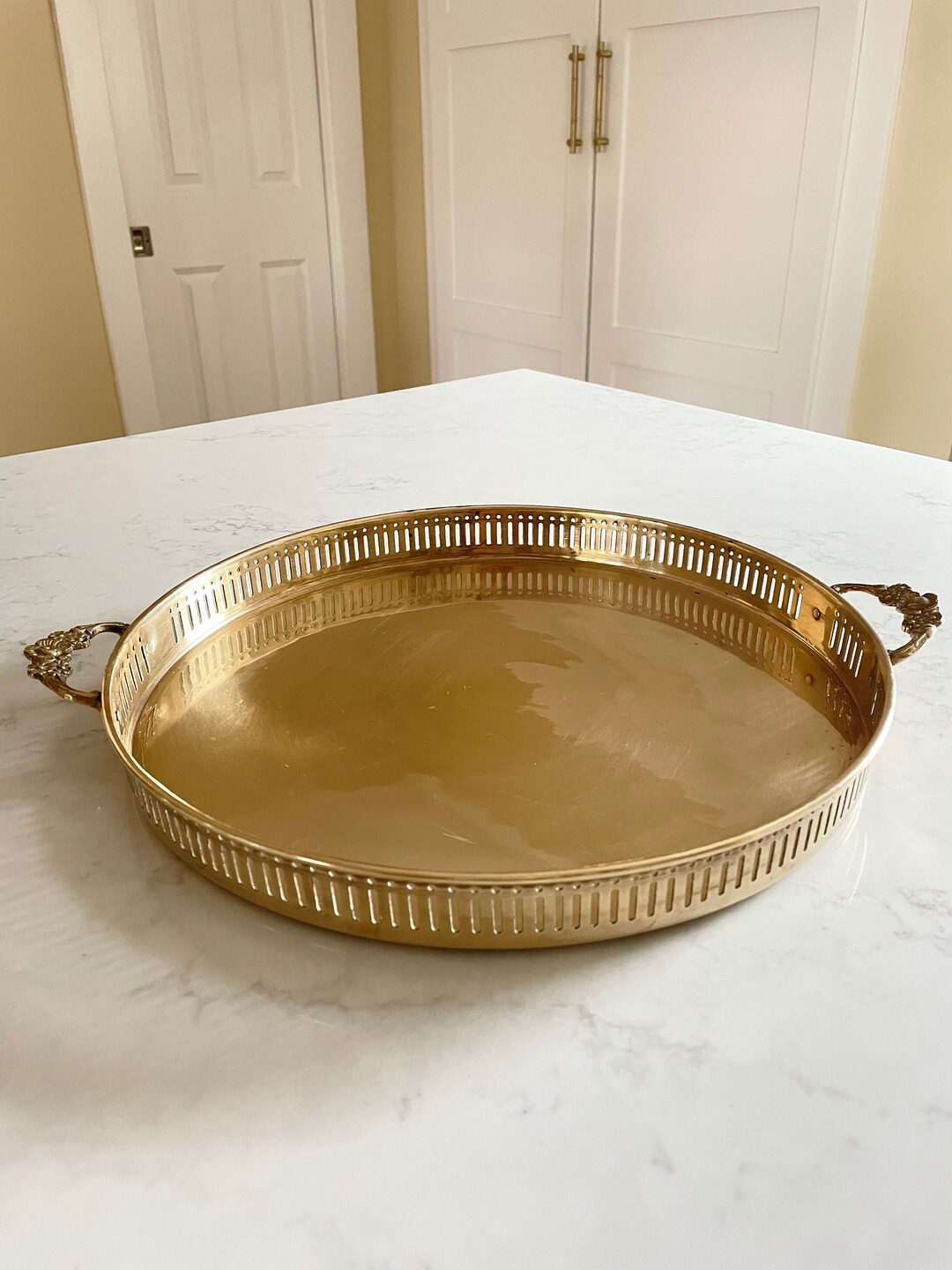 Vintage 10 Round Brass Tray With Handles Reticulated Brass - Etsy | Etsy (US)