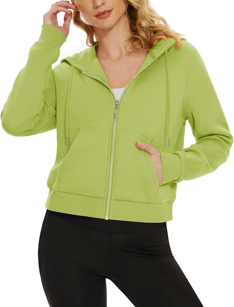MAGCOMSEN Women's Cropped Hoodie Sweatshirt Fleece Lined Full Zip Up Jacket With Pockets | Amazon (US)