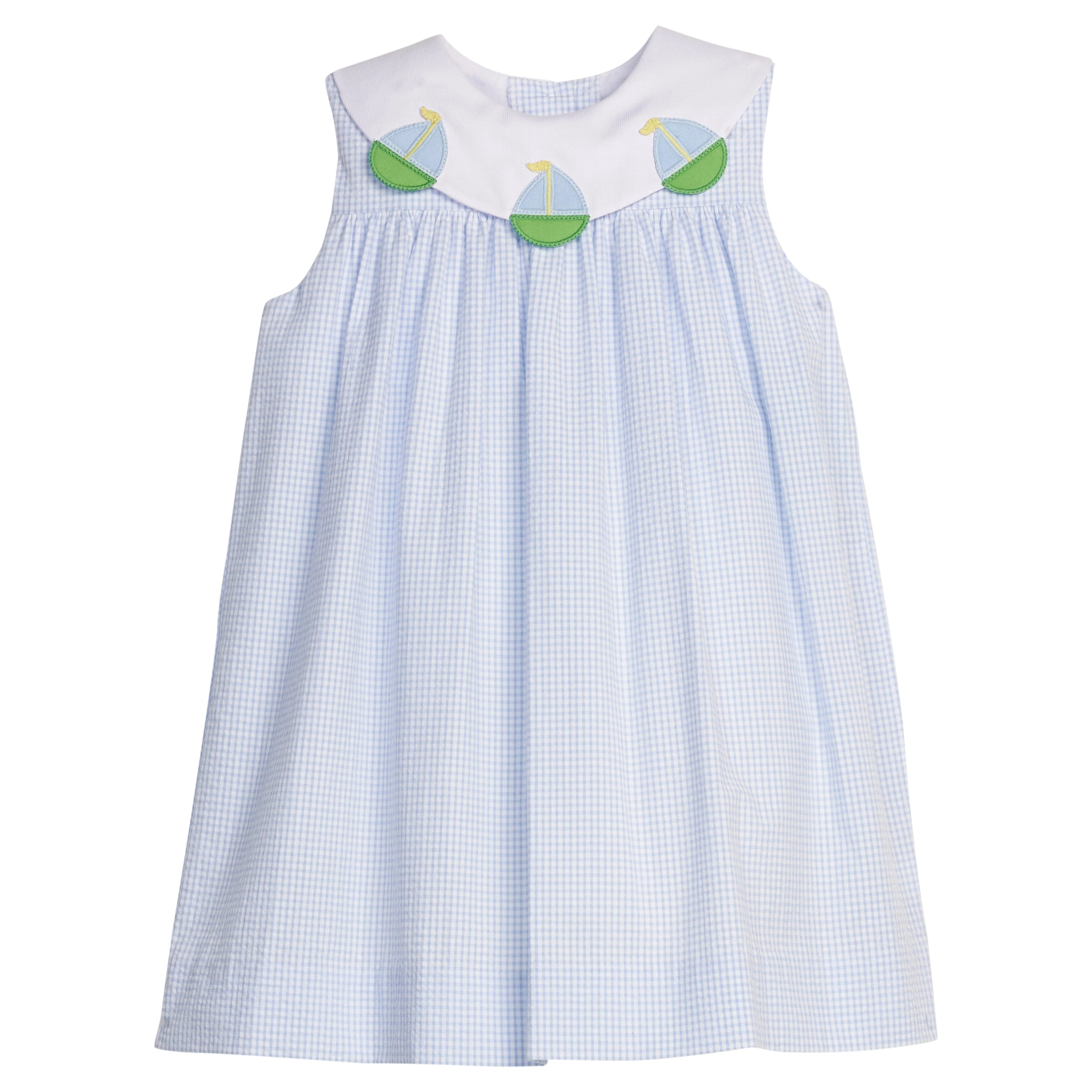 Sailboat Bib Dress - Light Blue Seersucker Girl Summer Outfit | Little English