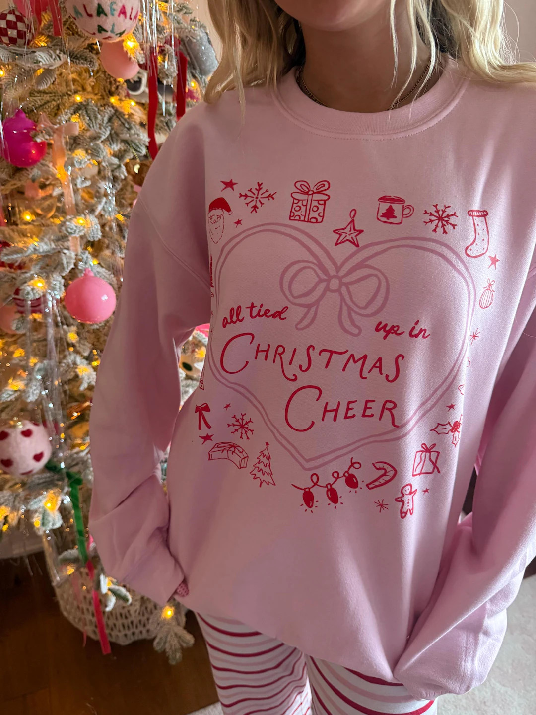 all tied up in christmas cheer pink sweatshirt- christmas- coquette style -  shabby chic - pink -... | Etsy (US)