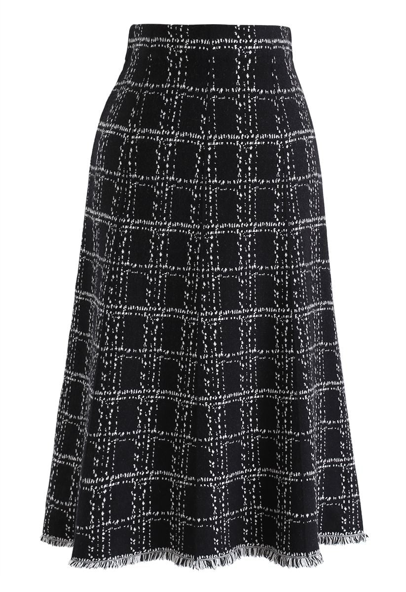 Check Tassel Hem Knit Midi Skirt in Black | Chicwish
