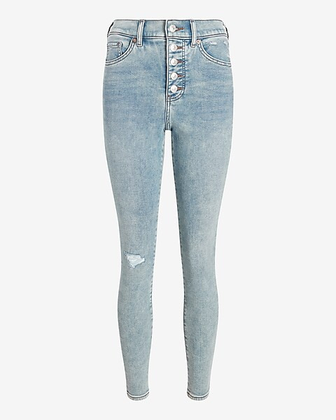 High Waisted Supersoft Knit Button Fly Ripped Skinny Jeans | Express