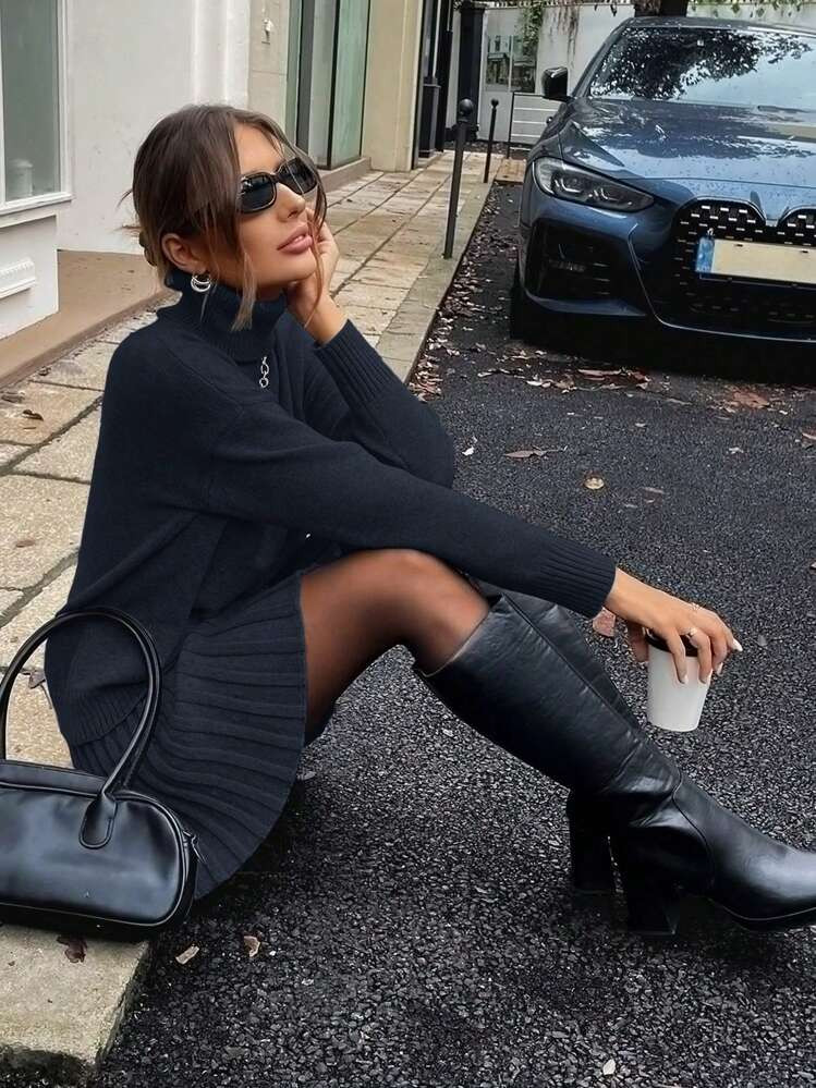 SHEIN LUNE 2pcs Set: Solid Color Turtleneck Sweater Top And Pleated Skirt | SHEIN