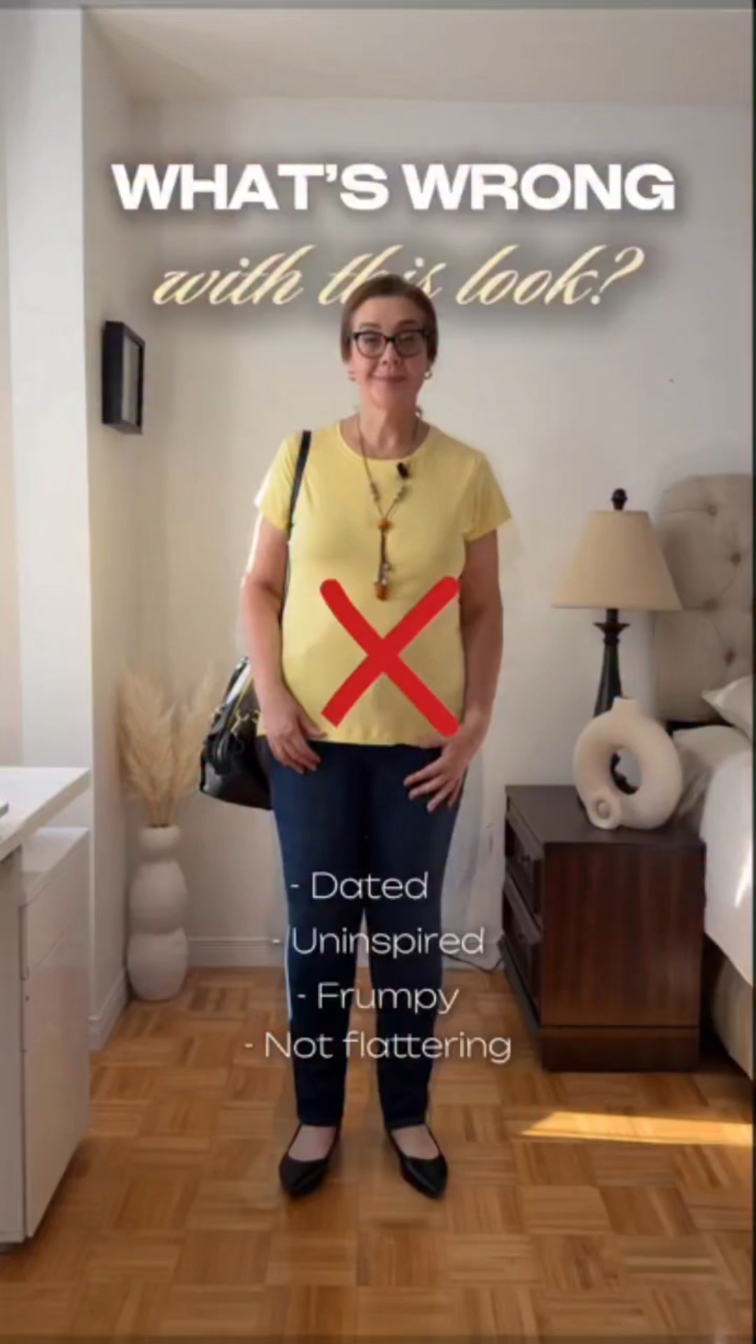 Tight tee over slim jeans uniform after 50 feels safe because we are used to it, but it looks dated, frumpy and unflattering, and makes us invisible.
It’s time to upgrade your look with the simple tweaks.
1. Tight clothes does not make us look thinner. It makes us look frumpy. Make sure there is air between your skin and your clothes even if it means sizing up. You will look slimmer and more elegant.
2. Stop wearing thin clingy tee-shirts over jeans - it highlights body rolls and the widest part of hips, making legs look shorter. Instead, layer a button-down shirt or cardigan over your tee, and create right proportions by tucking your it in at least in the front.
3. Layer with blazer - highlight your waist with the belt. Open blazer creates vertical lines elongating the figure, while the belt emphasizes the waist and elongates legs.
4. Blazer is perfect for adding structure and polish to your look. Push the sleeves higher to expose your wrist - instant slimming effect and look relaxed and stylish.
5.  When choosing your outfit keep color combinations in mind. Select colors that highlight and complement each other and your palette. If you don’t know your true colors check out my “DIY Color Analysis Guide with your Phone” in my bio.
6. All 6 looks show great color combinations. If you like yellow, were these combos.

Comment if you like the transformation ⬇️ Which look is your favorite out of 6 looks?

Save this post and share with a friend! 

If you need more styling advice comment STYLE to get the link to my Self-Styling Guide for women over 50 and get link in your DM.
Or copy and paste this 🔗 
https://payhip.com/b/5kt7E

Follow for more easy tips and tricks on style and beauty for women over 40.

#StyleAfter50
#stylingtips
#howtolookmorestylish
#fashiontips
#outfitideas