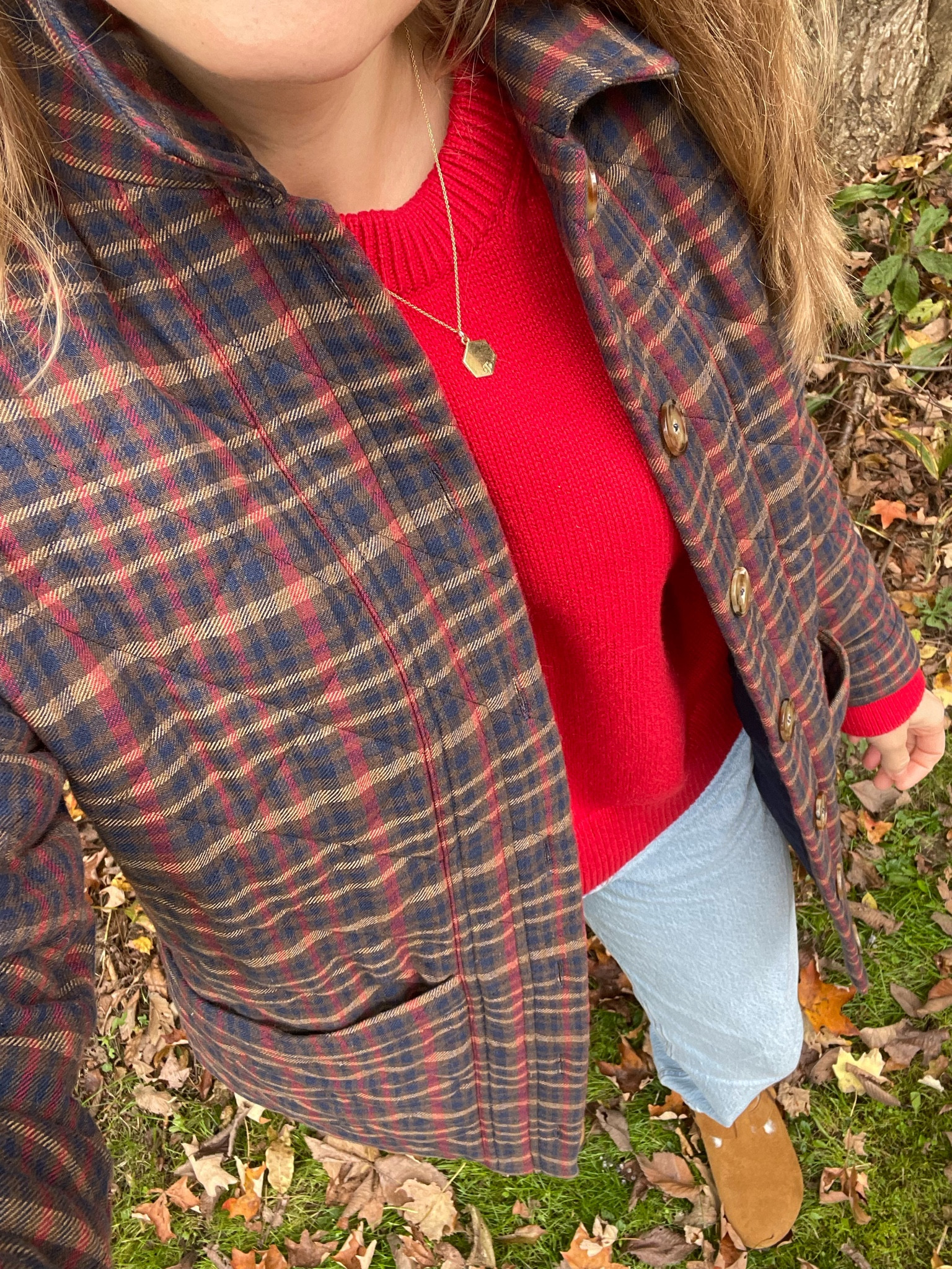 Casual cozy fall ootd 🍁🎃 This plaid barn coat is everything. 

Work from home, red sweater, plaid jacket, gold necklace, birks, cozy shoes 

#LTKSeasonal #LTKShoeCrush #LTKWorkwear