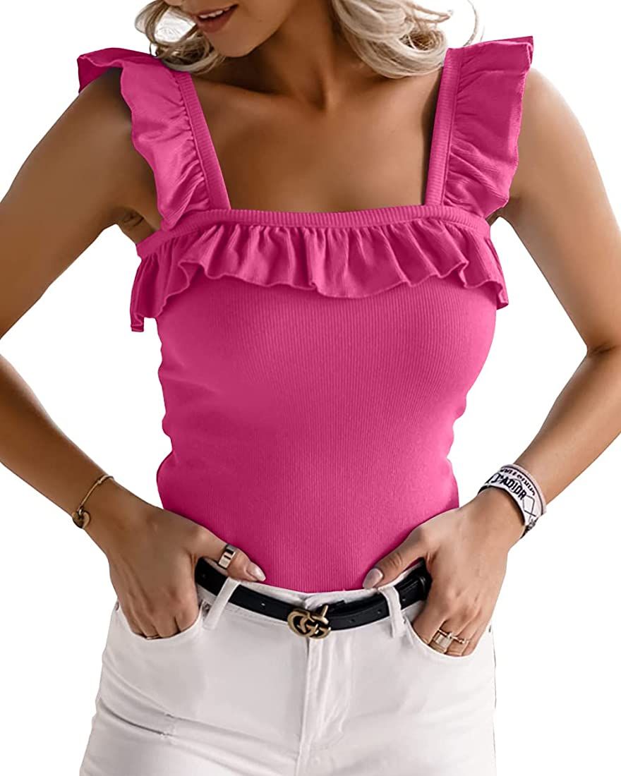 WAYMAKER Women's Cute Square Neck Sleeveless Ribbed Ruffle Strap Tank Top Bodysuits | Amazon (US)