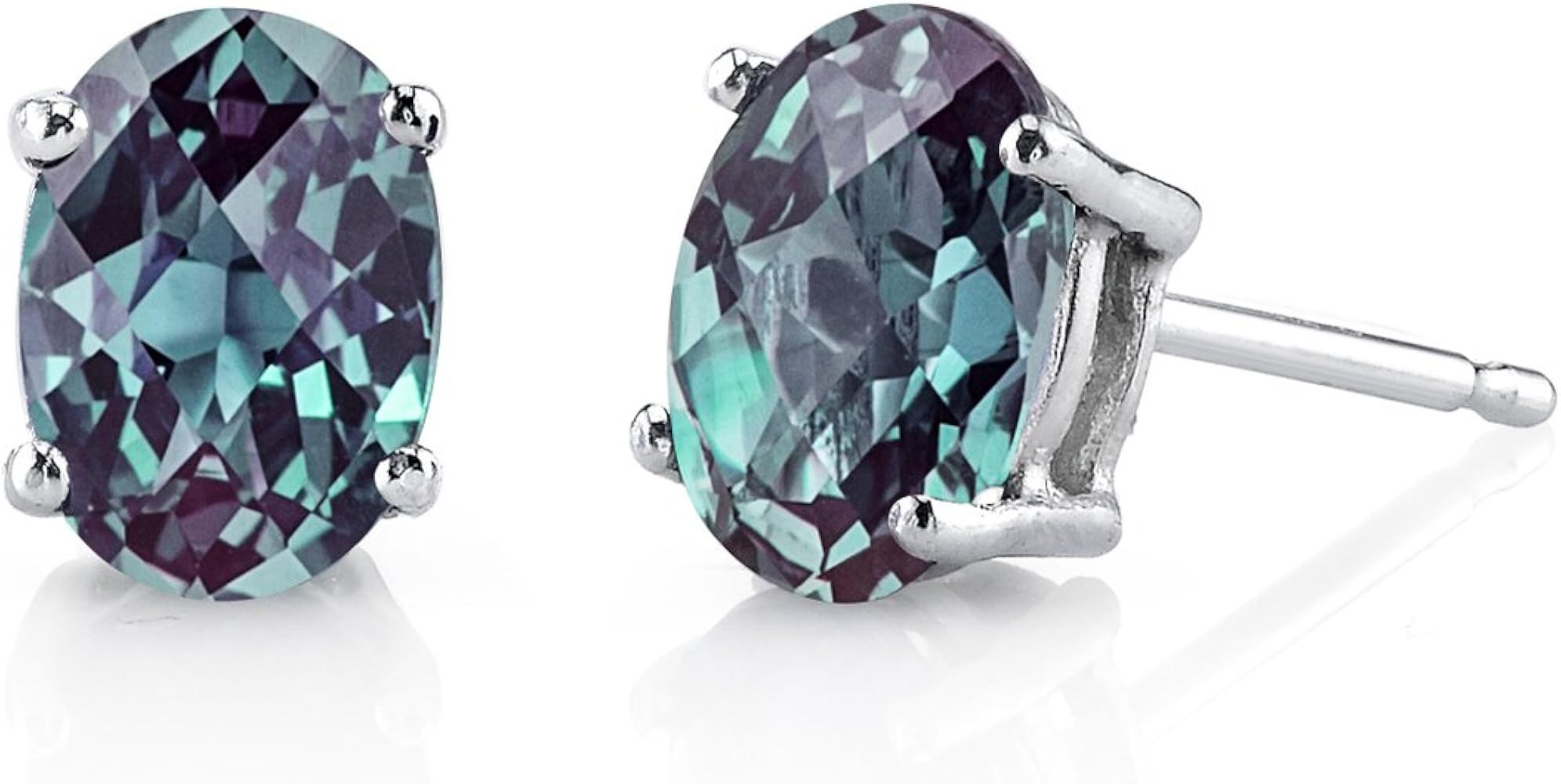 Peora Created Alexandrite Earrings for Women in 14 Karat White Gold, Classic Solitaire Studs, 7x5mm  | Amazon (US)