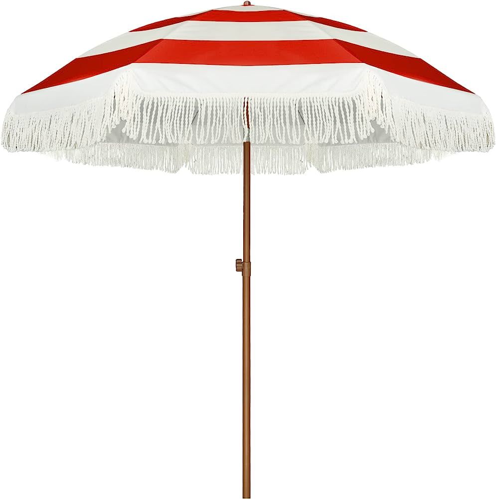 AMMSUN 7ft Patio Umbrella with Fringe Outdoor Tassel Umbrella UPF50+ Premium Steel Pole and Steel Ri | Amazon (US)