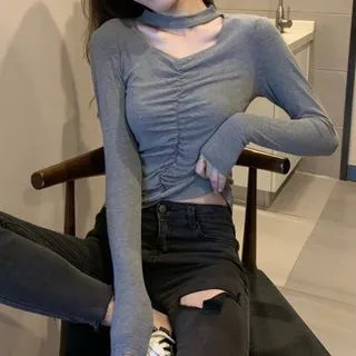 Long Sleeve Keyhole Ruched Top | YesStyle Global