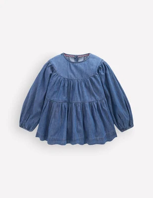Boden Girls Tiered Woven Top in Blue | Size 2-3 Years | Boden (US)
