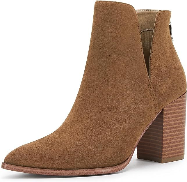 Womens Pointed Toe Ankle Booties Stacked Mid Block Heel Cutout Back Zipper Shoes Faux Leather Boo... | Amazon (US)