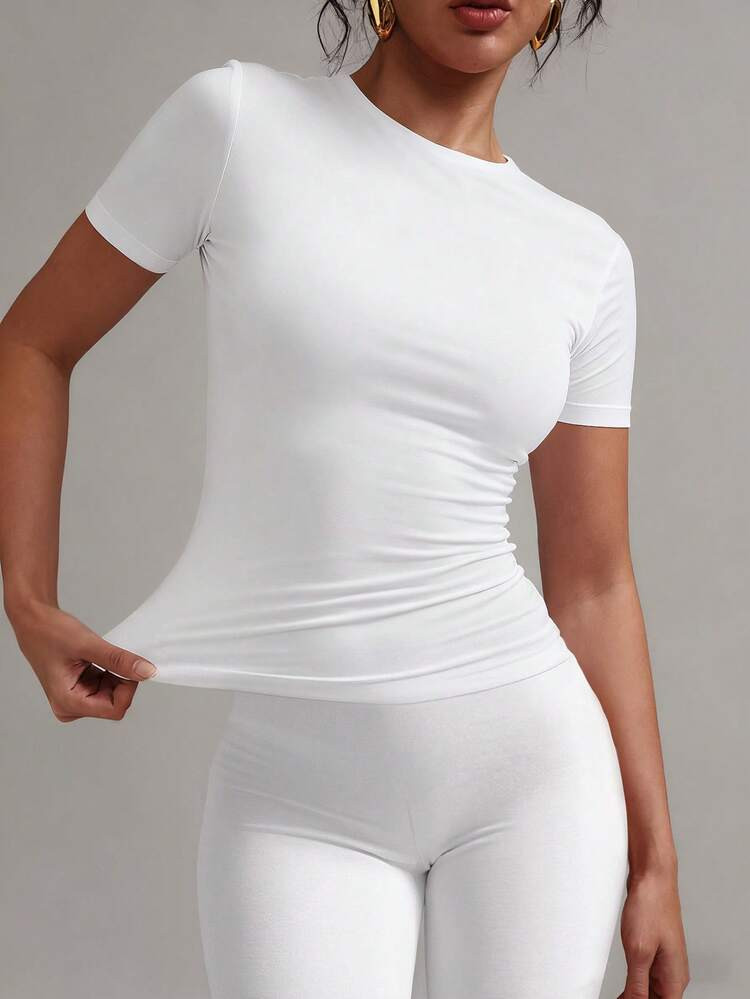 XLLAIS 2025 Small Round Neck Short Sleeve Summer White Tops Solid Basic Skinny Sport Fit Women Ca... | SHEIN