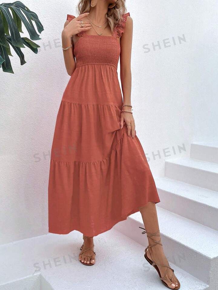 SHEIN VCAY Solid Ruffle Hem Dress | SHEIN