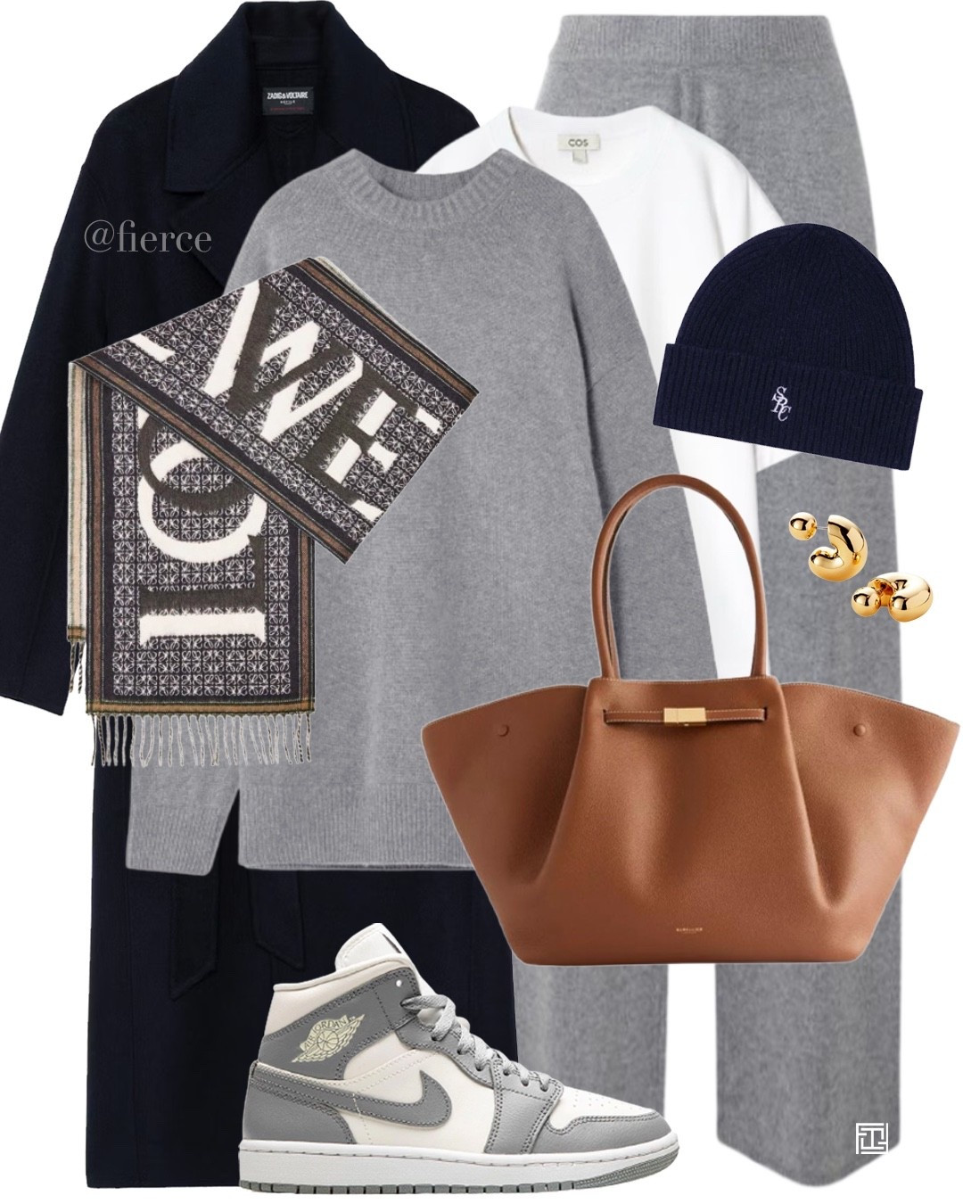 Grey knitted co-ord set navy wool coat Nike Jordan 1 sneakers tan brown tote bag Christmas walk outfit weekend look

#LTKwinter #LTKuk #LTKeurope