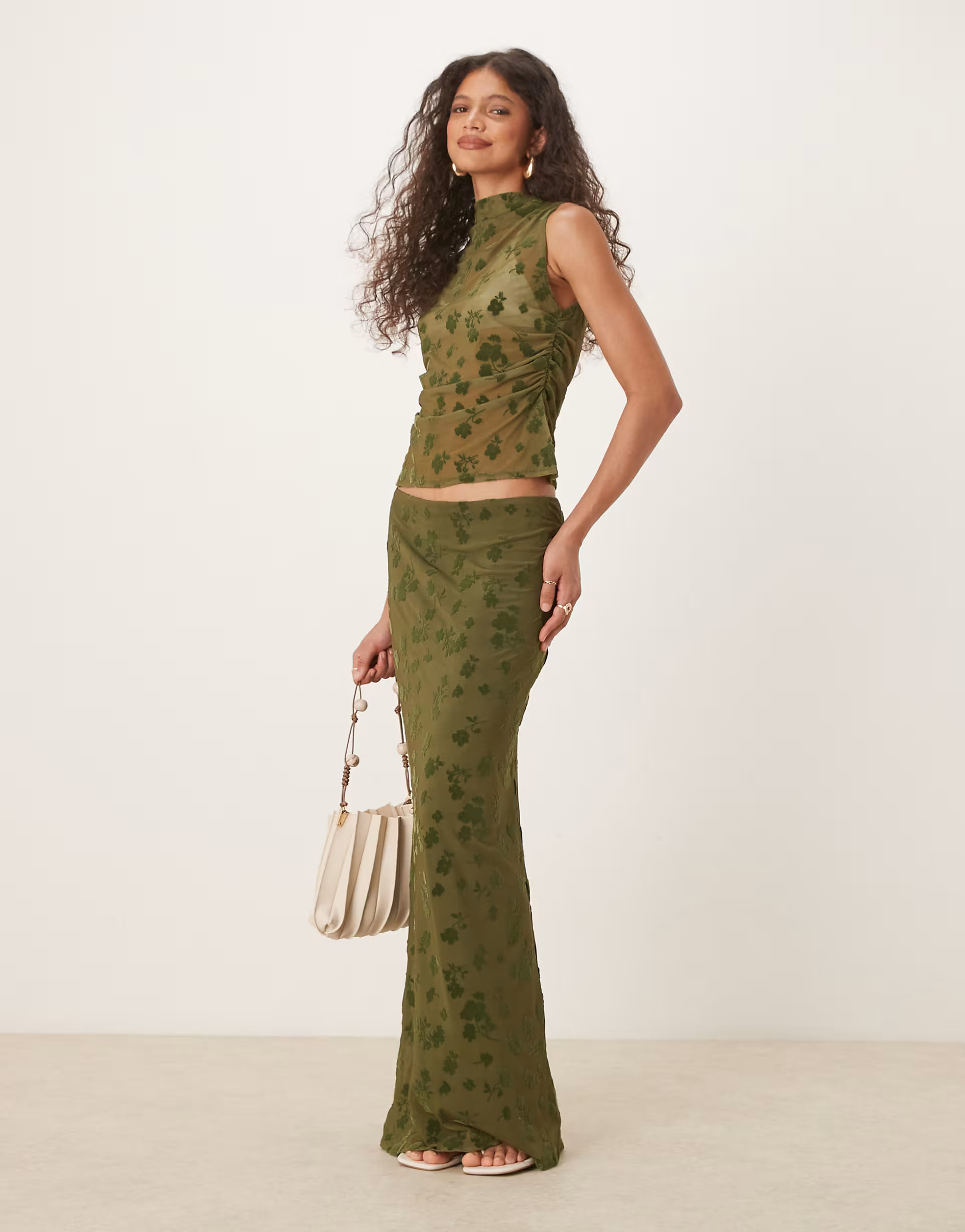 ASOS DESIGN sheer floral flock maxi skirt in olive - part of a set | ASOS | ASOS (Global)