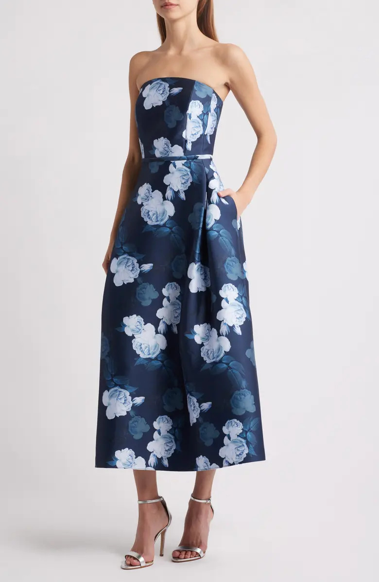 Shay Floral Strapless Stretch Mikado Cocktail Midi Dress | Nordstrom