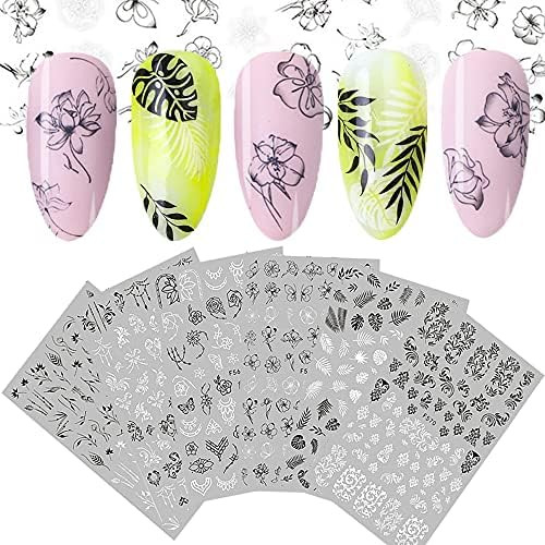 Flower Nail Stickers, 3D Self-Adhesive Butterfly Leaf French Nail Decals Black White Retro Flower Vi | Amazon (US)