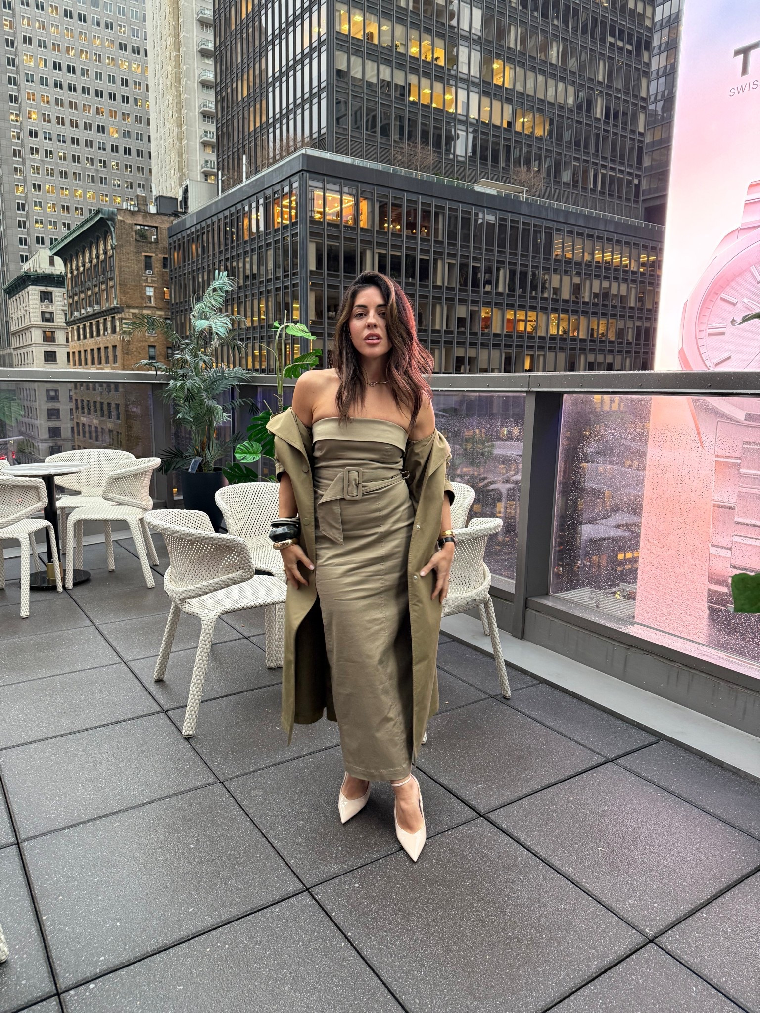 Loving this monochromatic look from Dynamite!! 
Dress - XS
Trench - XXS/XS