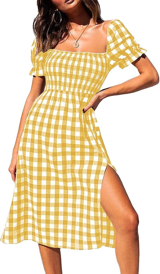 PRETTYGARDEN Plaid Dress for Women Short Puff Sleeve Square Neck Side Split Summer Midi Flowy Dre... | Amazon (US)