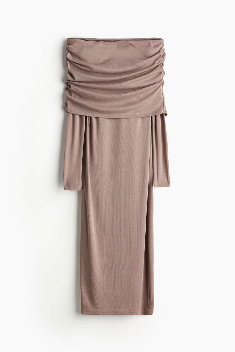 H & M - Off-the-Shoulder Dress with Foldover Edge - Brown | H&M (US + CA)