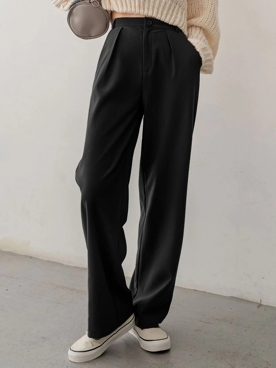 DAZY Women's Solid Color Pleated Pocket Straight Loose Suit Pants, Business Casual | SHEIN
