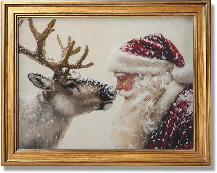 Gold Framed Santa and Reindeer Wall Art Picture Vintage Christmas Canvas Print Classic Festive Ho... | Amazon (US)