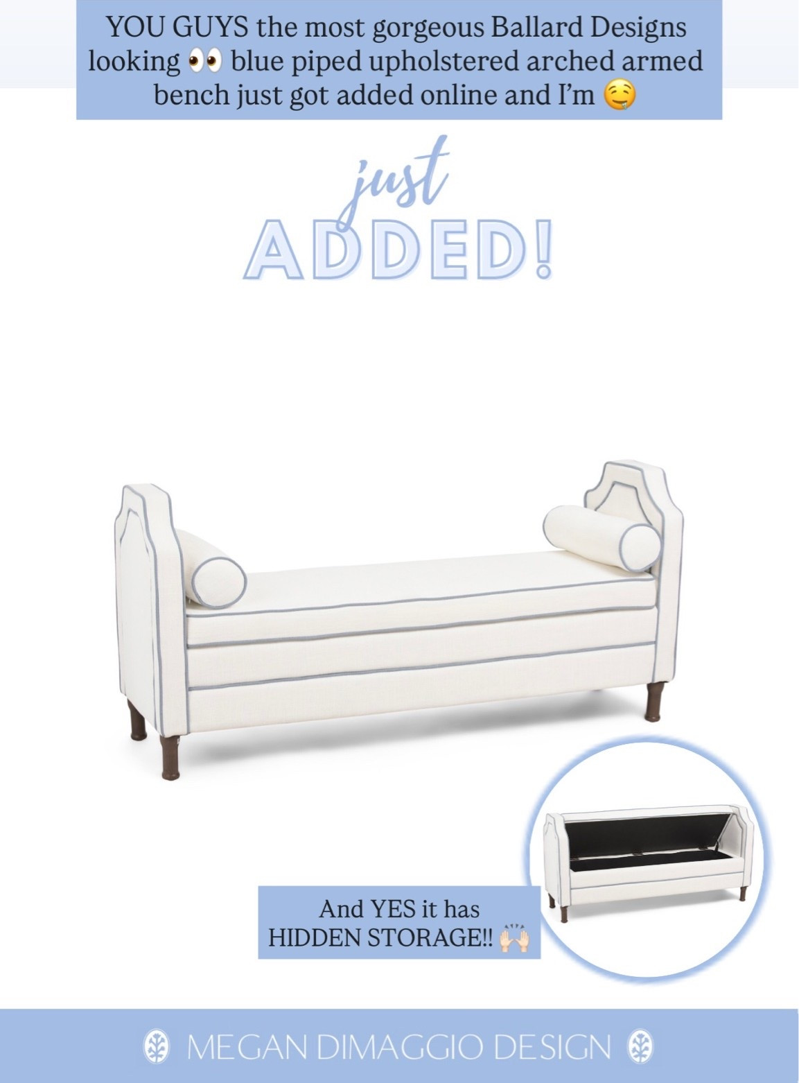 New hidden storage bench JUST ADDED and it looks like something custom from Ballard Designs, Serena & Lily or Society Social!! This would easily be over $2,000 from any of those designer stores!! Can’t believe the price on this!! Blue piping!! Will go so fast!!

#LTKHome #LTKSaleAlert