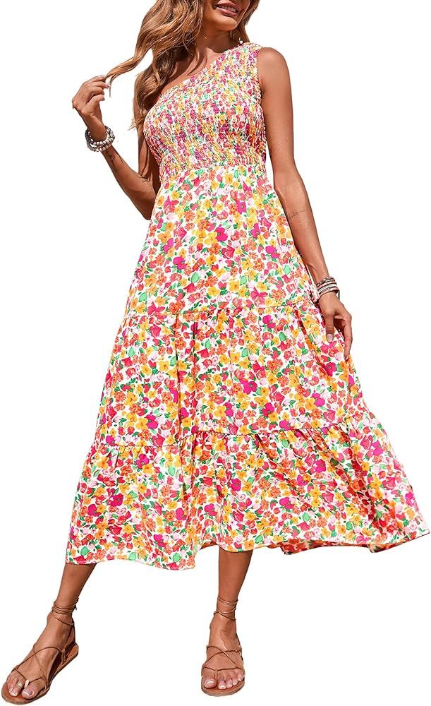 BTFBM Women One Shoulder Summer Dresses 2024 Sleeveless Casual High Waist Floral Flowy Beach Boho... | Amazon (US)