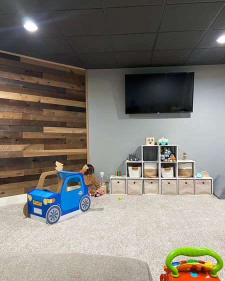 Playroom organization. Cube organizers. Baby room. Montessori toys. Playroom toys. Toddler playroom. Baby toys. Wooden toys. Basement playroom. Accent wall. 

#LTKfamily #LTKhome