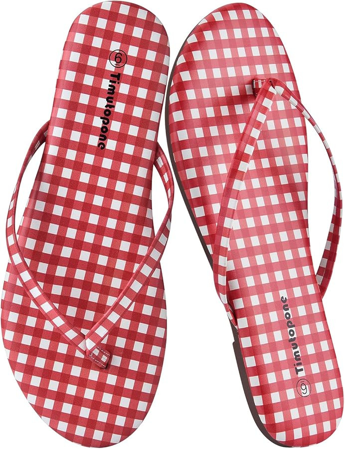 Plaid Flip Flops for Women Memory Foam Flat Sandals Comfortable Casual Thong Summer Outdoor Beach... | Amazon (US)