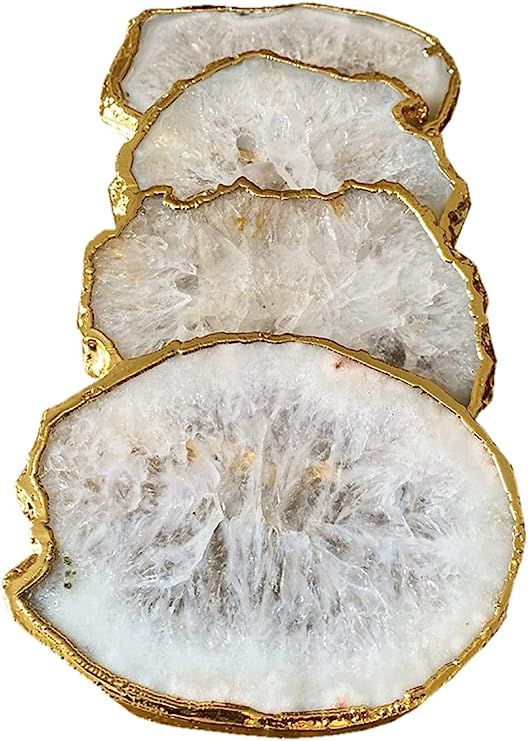 Natural Sliced White Agate Coasters for Drinks. Set of 4 Stone Geode Crystal Coasters with Plated... | Amazon (US)