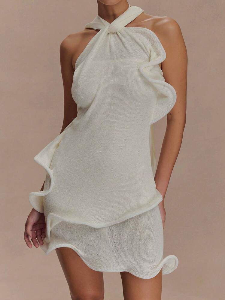 Women's Knitted Halter Mini Dress Sleeveless Solid Color Scarf Dress Ruffle Hem Dress | SHEIN