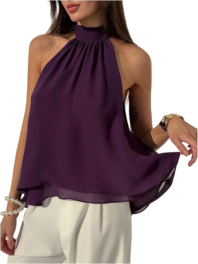 Women's Y2K Chiffon Halter Top Sleeveless Mock Neck Flowy Tank Summer Vacation Outfit | Amazon (US)