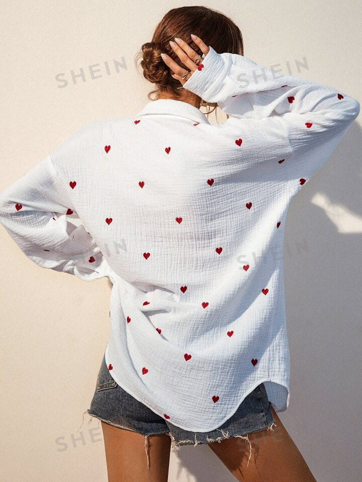 SHEIN Frenchy Heart Embroidery Pocket Patched Drop Shoulder Shirt | SHEIN