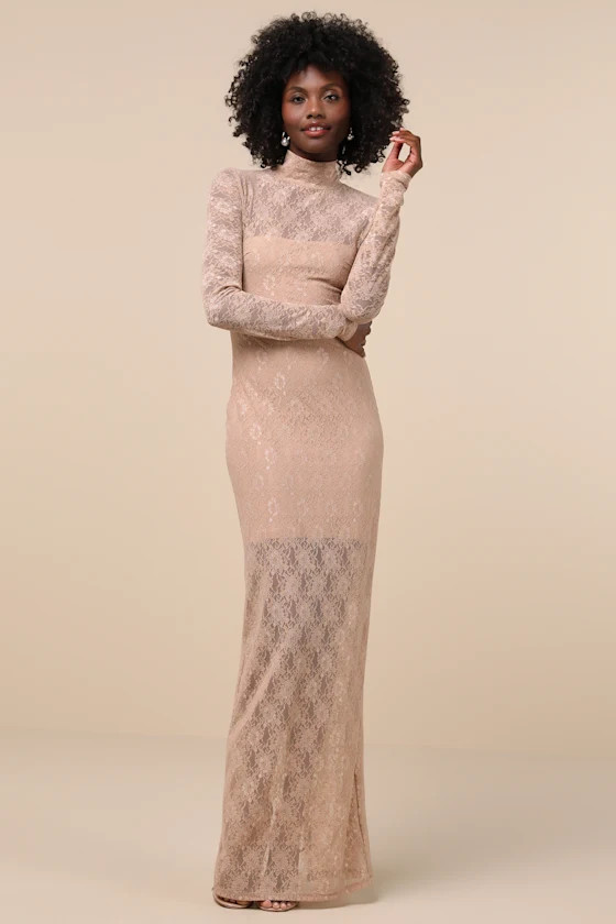 Famous Impression Beige Lace Mock Neck Long Sleeve Maxi Dress | Lulus