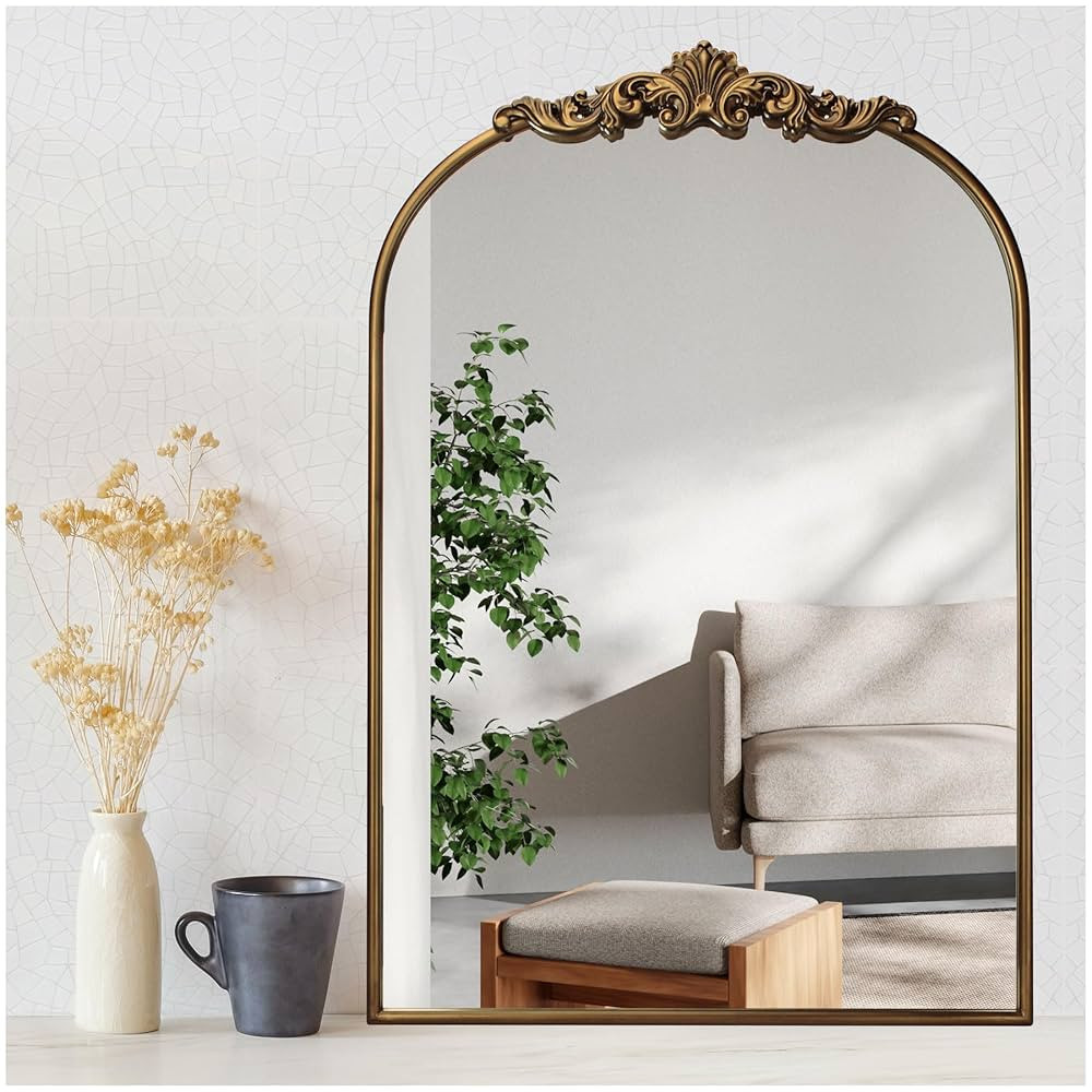 Ornate Baroque Vintage Gold Mirror - 24"X36" Arched Antique Brass Mirror with Full Metal Frame - ... | Amazon (US)