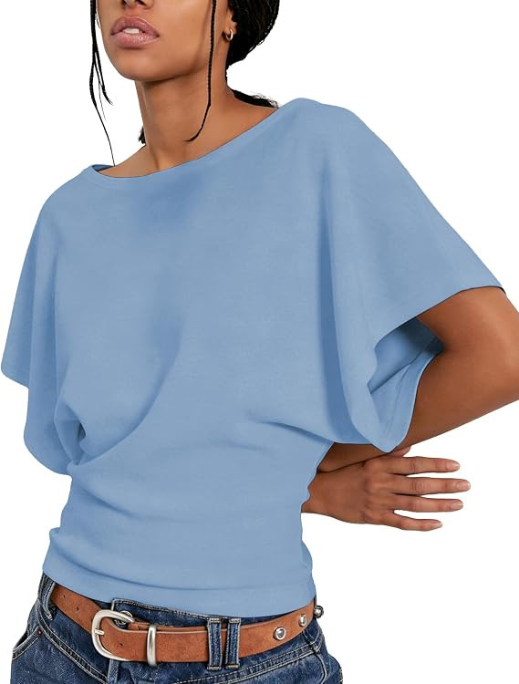 Boat Neck Batwing Tops for Women Cinched Waist Short Sleeve Loose Fit Tshirt Y2K Going Out Causal... | Amazon (US)