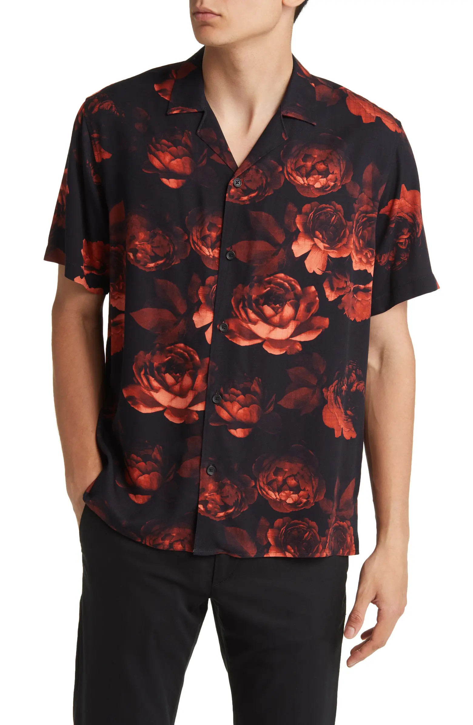 Dark Roses Floral Short Sleeve Button-Up Camp Shirt | Nordstrom