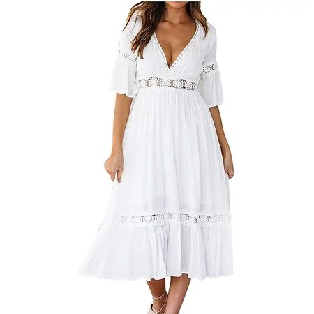 Aimik Women White Long Dress Hollow Deep V-Neck Lace Middle Sleeve Pleated Loose Flowy Party Holidda | Walmart (US)