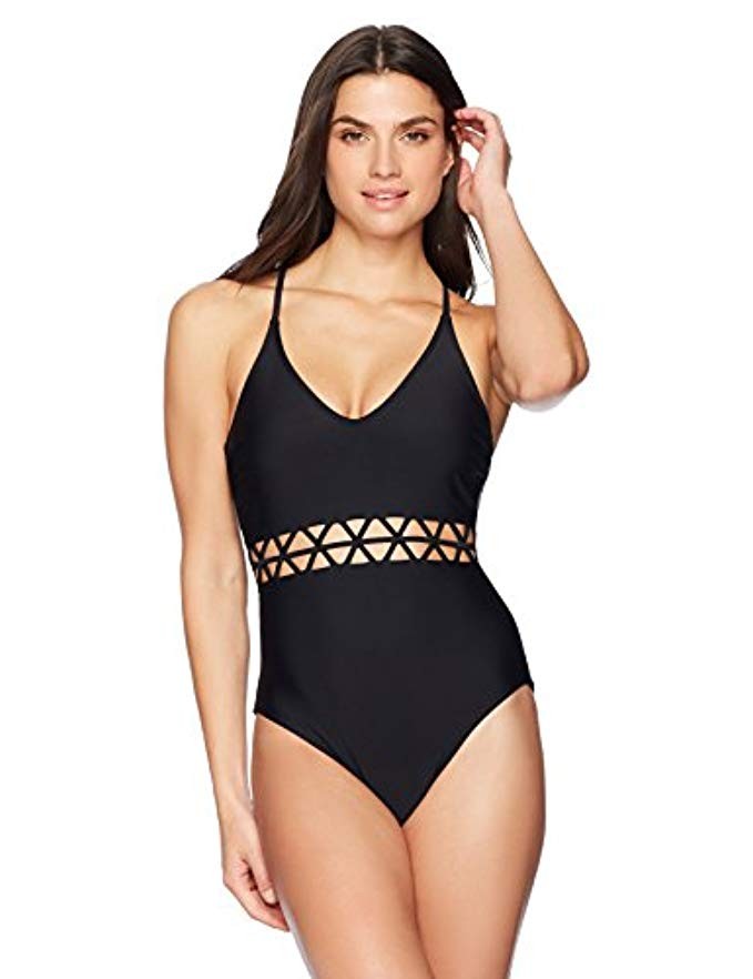 Coastal Blue Women's Swimwear Lattice Waist One Piece Swimsuit with Lace Up Black | Amazon (US)