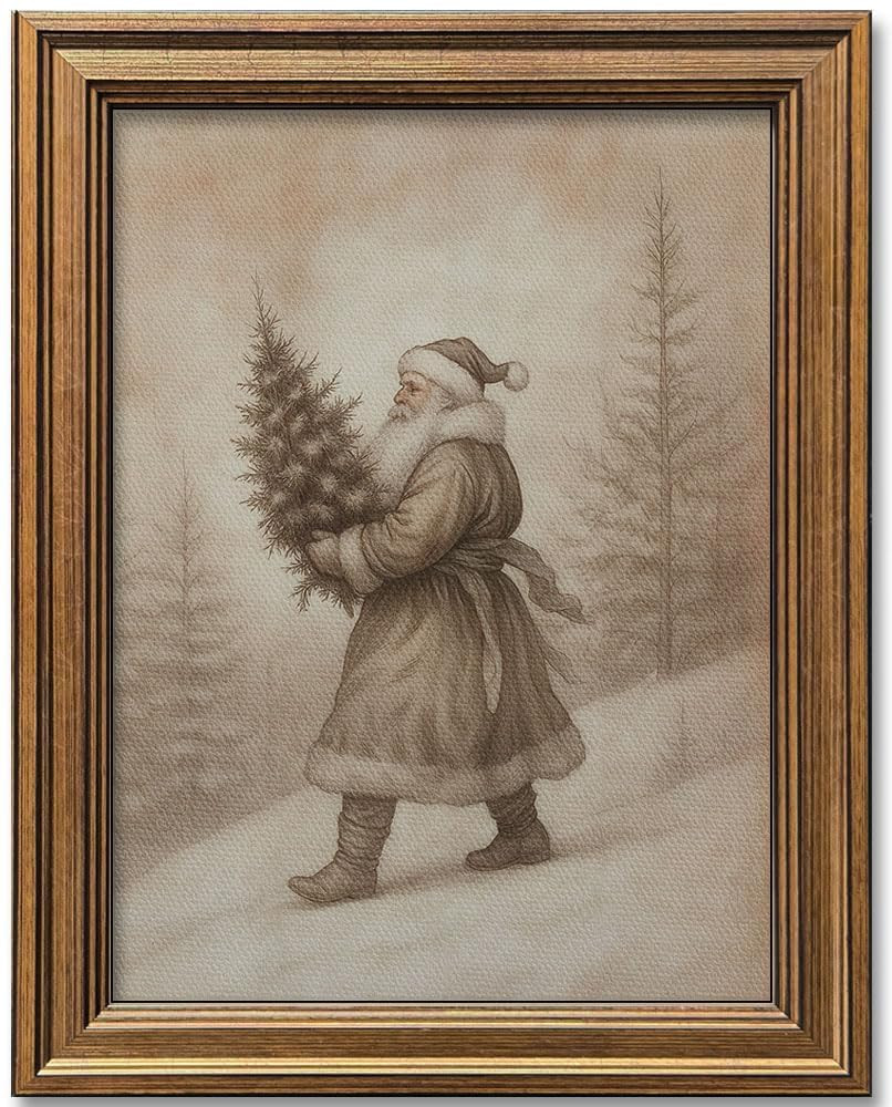 Christmas Wall Art Vintage Gold Framed Wall Decor Rustic Winter Landscape Santa Picture Painting ... | Amazon (US)