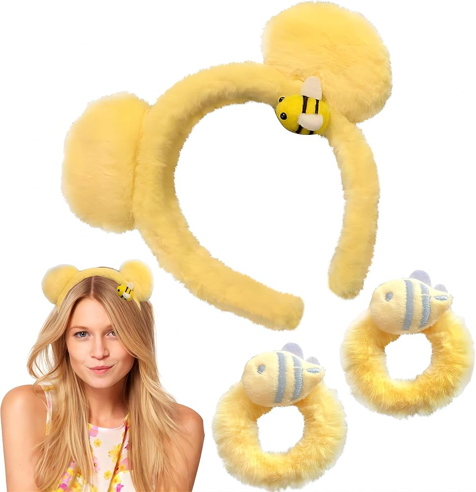 Yellow Plush Winnie the Pooh-Style Fashion Bear Ears Headband with Hair Ties and Ponytail Holders... | Amazon (US)