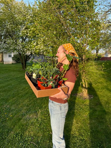 Tee shirt gardening outfit with head scarf 