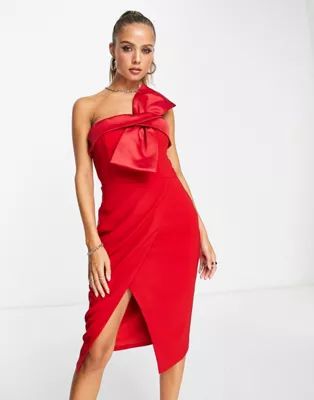 Lavish Alice bandeau bow detail wrap midi dress in red | ASOS (Global)