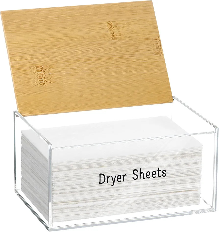 Dryer Sheet Holder, Acrylic Dryer Sheet Dispenser with Bamboo Lid, Acrylic Tissue Box, Dryer Shee... | Amazon (US)