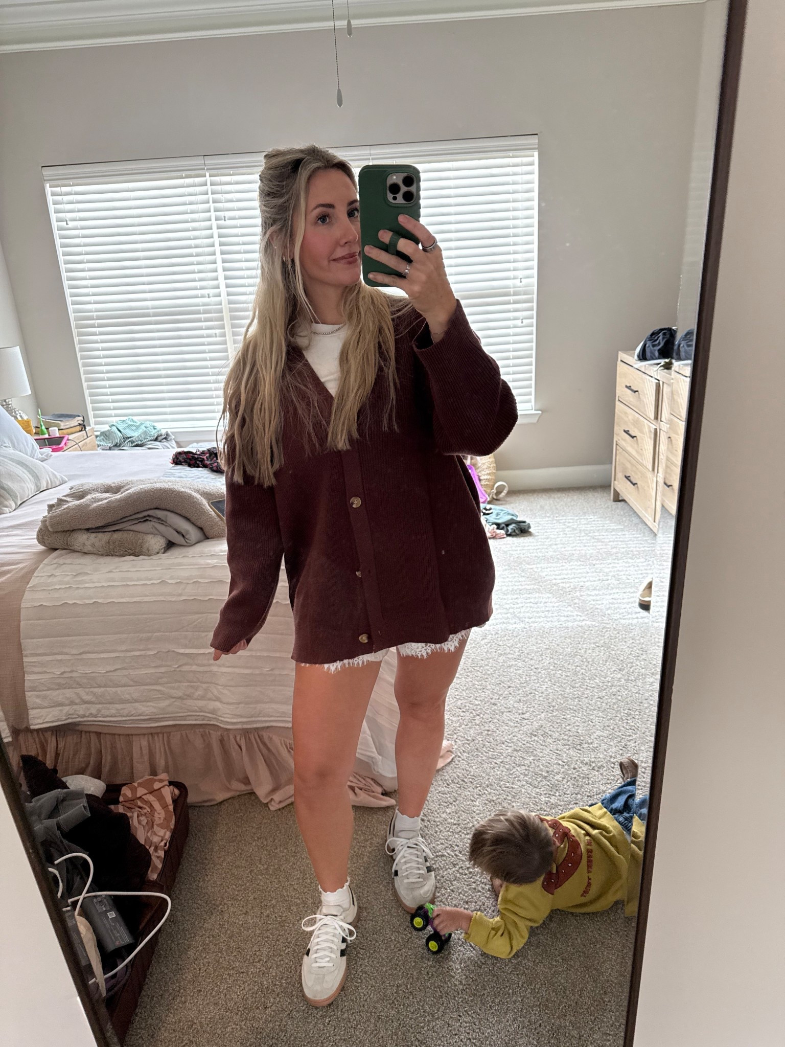 M in sweater for oversized fit. 
M in shorts. Waistband runs small in my opinion. Shoes also run big so size down full size! 
Amazon fashion/ fall fashion/ fall weather outfits! 