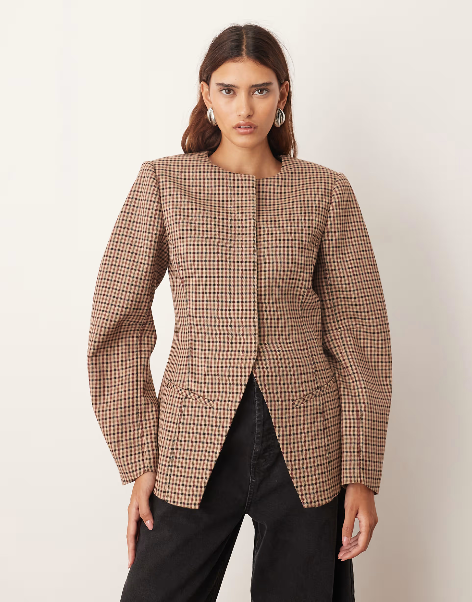 ARRANGE clean collarless sculpted blazer in micro check | ASOS (Global)